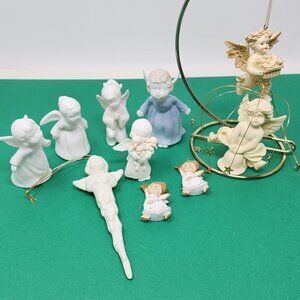 VTG Christmas Ornaments Kissing Angels Cherubs Blue White Resin Porcelain 10